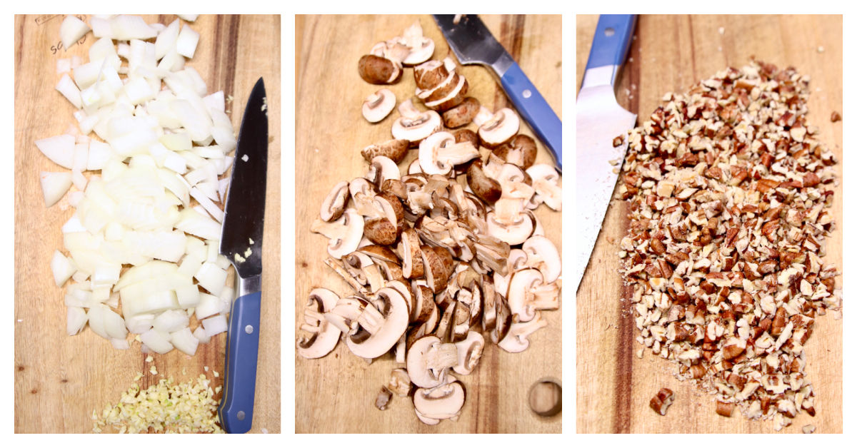 collage - cutting board of chopped onions, sliced mushrooms, chopped pecans