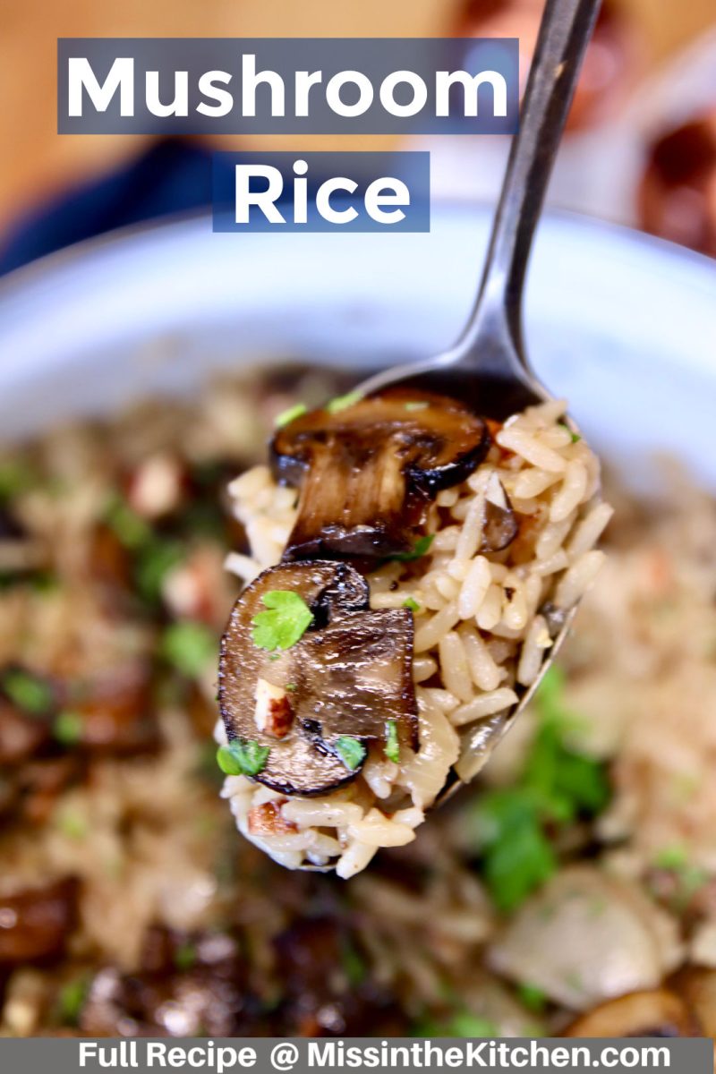 closeup - spoon of mushroom rice- text overlay
