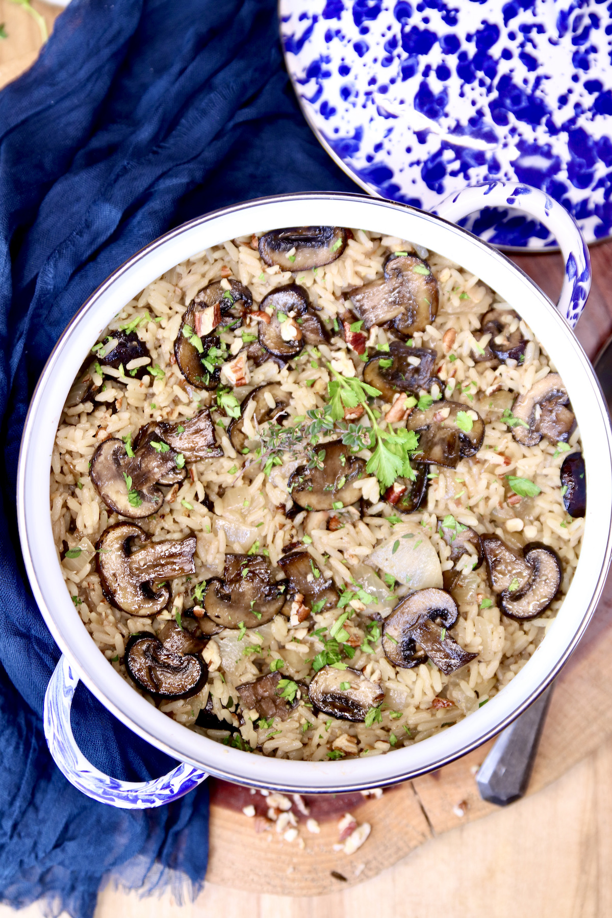 pan of mushroom rice with herbs