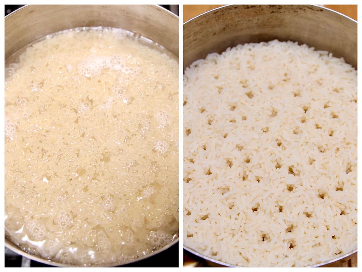 collage of cooking rice in a pan. 