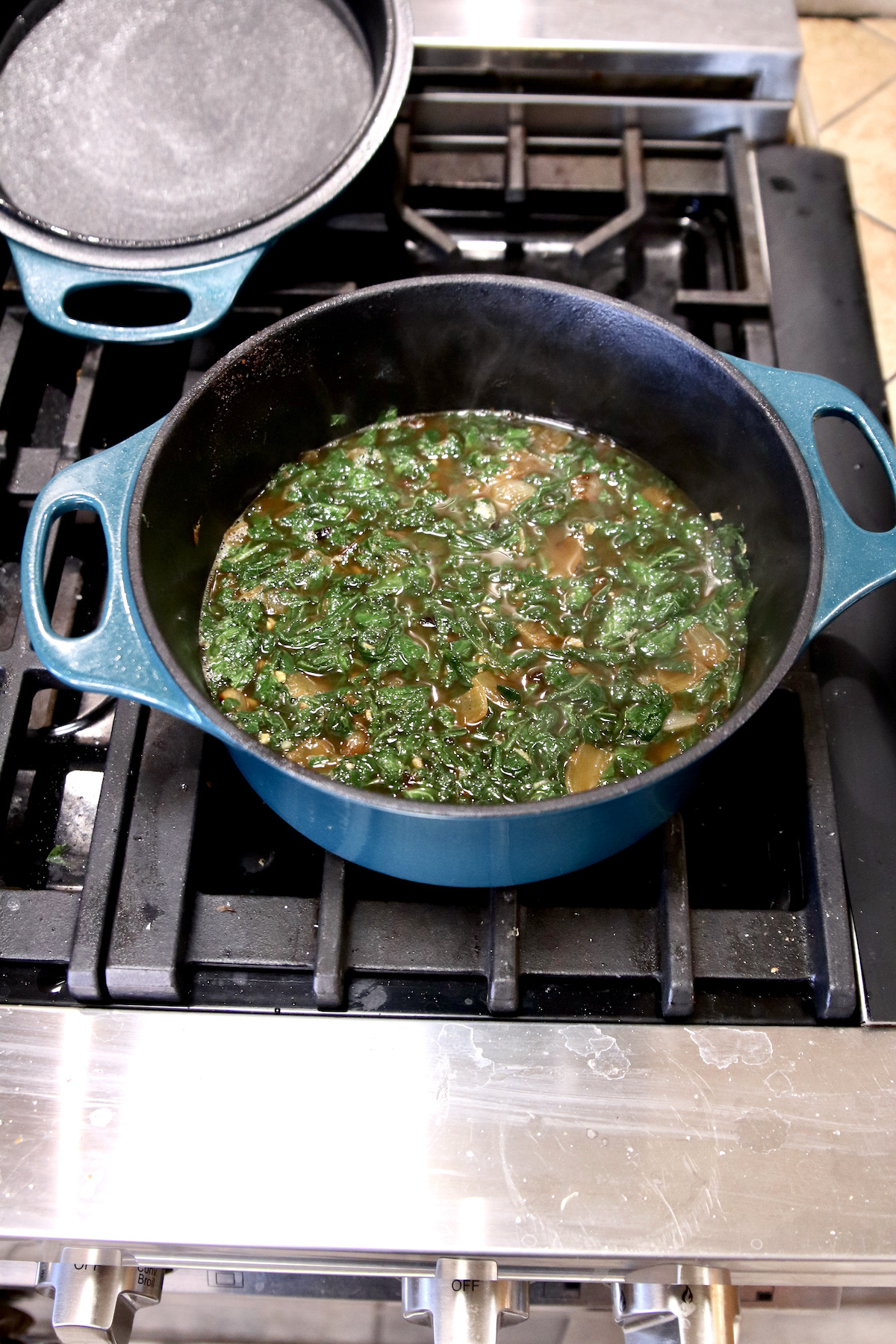 cooking turnip greens in a dutch oven