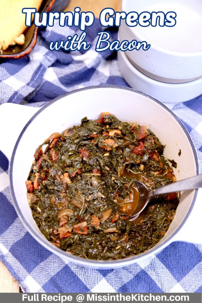 turnip greens with bacon in a pot
