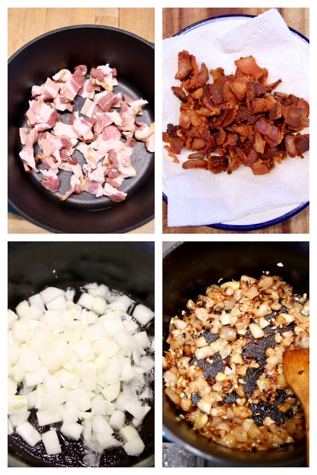 collage cooking bacon and onions in a dutch oven