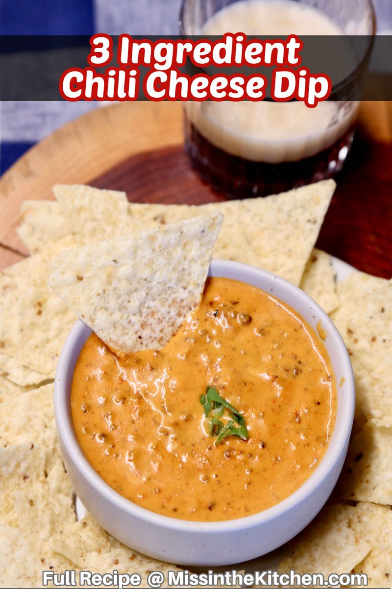 3 ingredient chili cheese dip on a bowl with chips. Text Overlay.