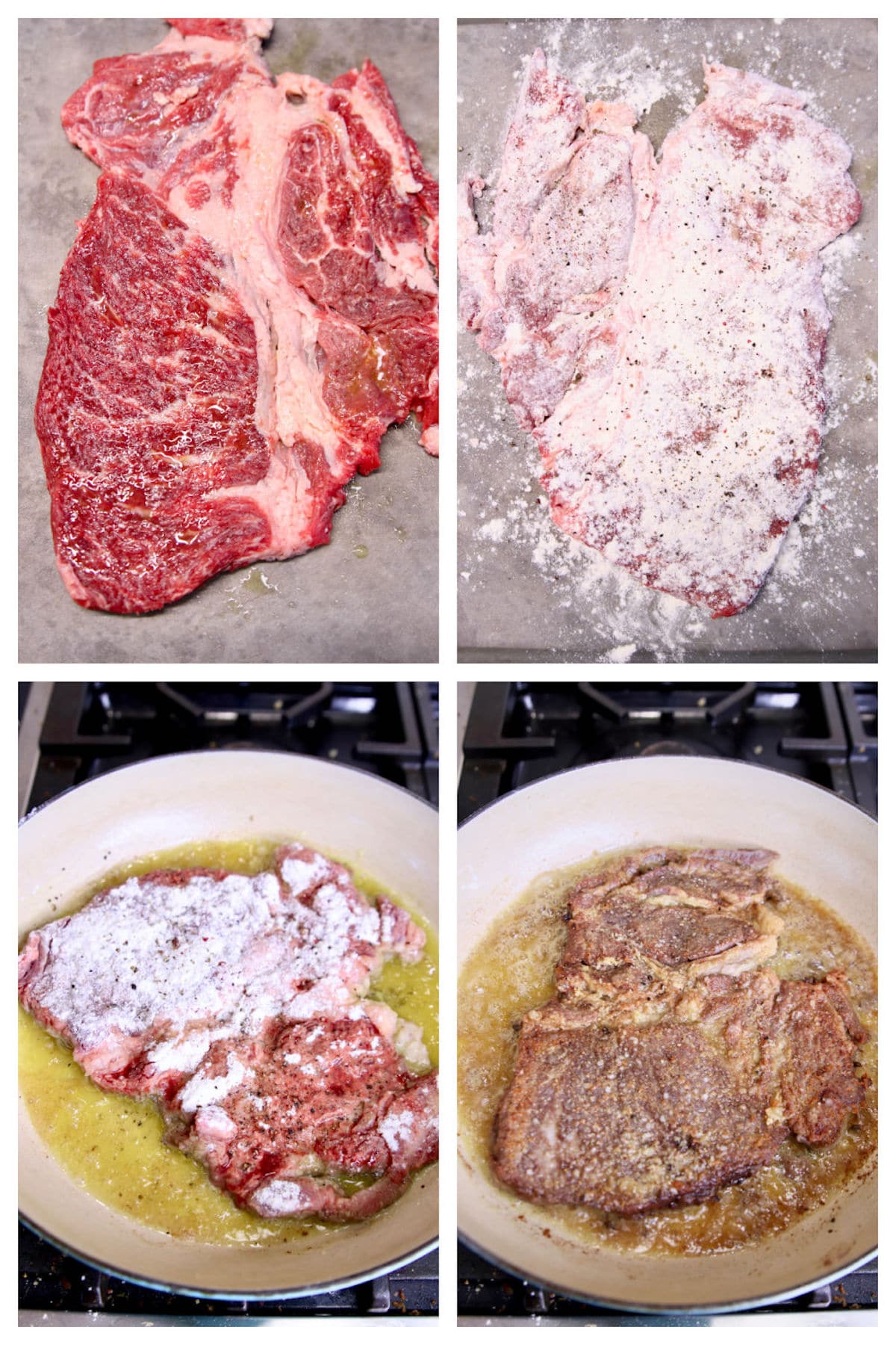 Collage making Swiss steak, breading and browning.