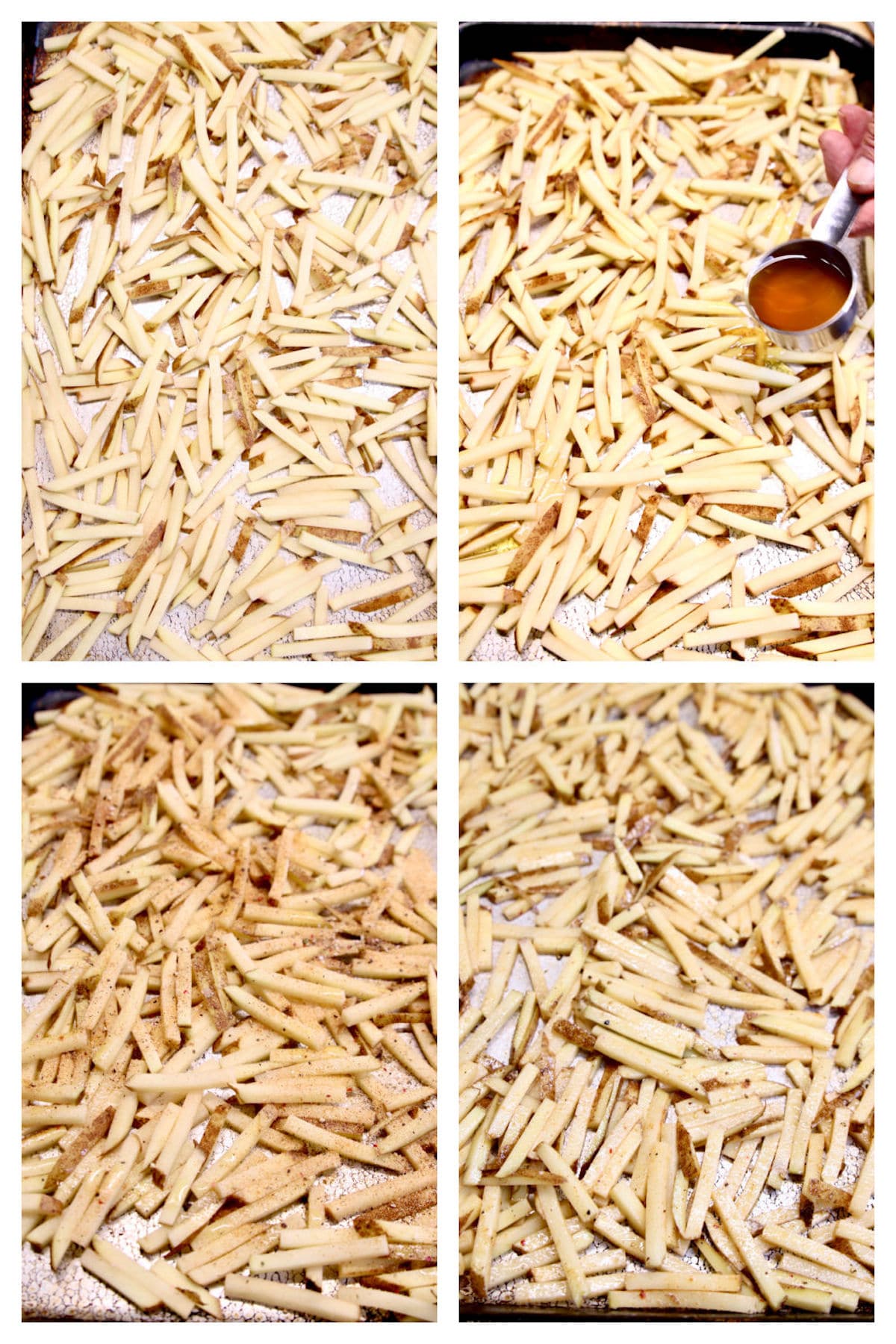 collage of sheet pan of shoestring fries, adding duck fat, ,seasonings and tossing to bake.