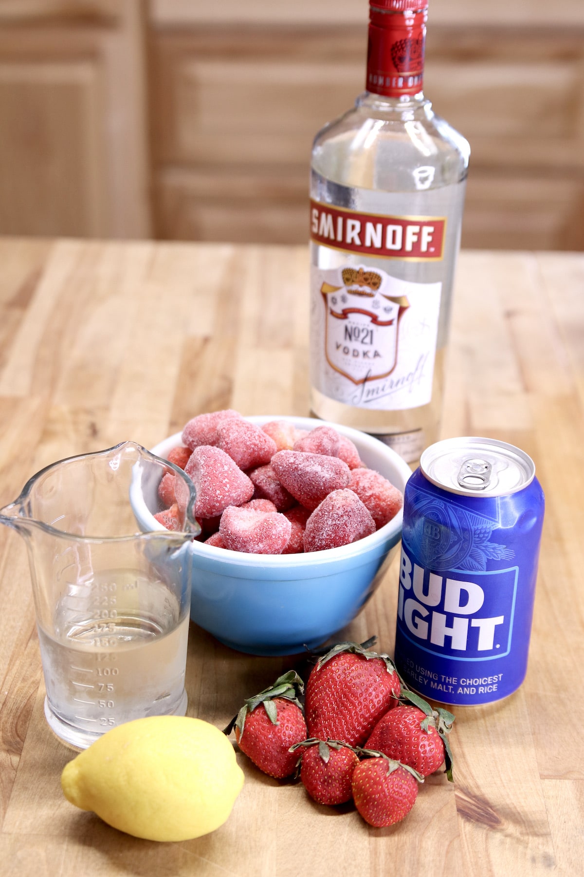 ingredients for strawberry shandy cocktail