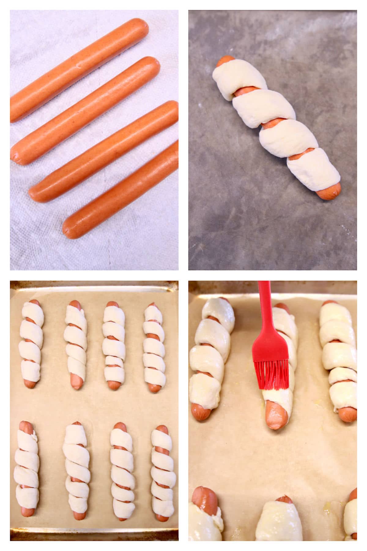 collage making pretzel dogs with hot dogs and homemade dough, brushing with egg wash.