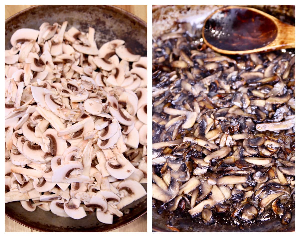 collage of cooking sliced mushrooms in a skillet
