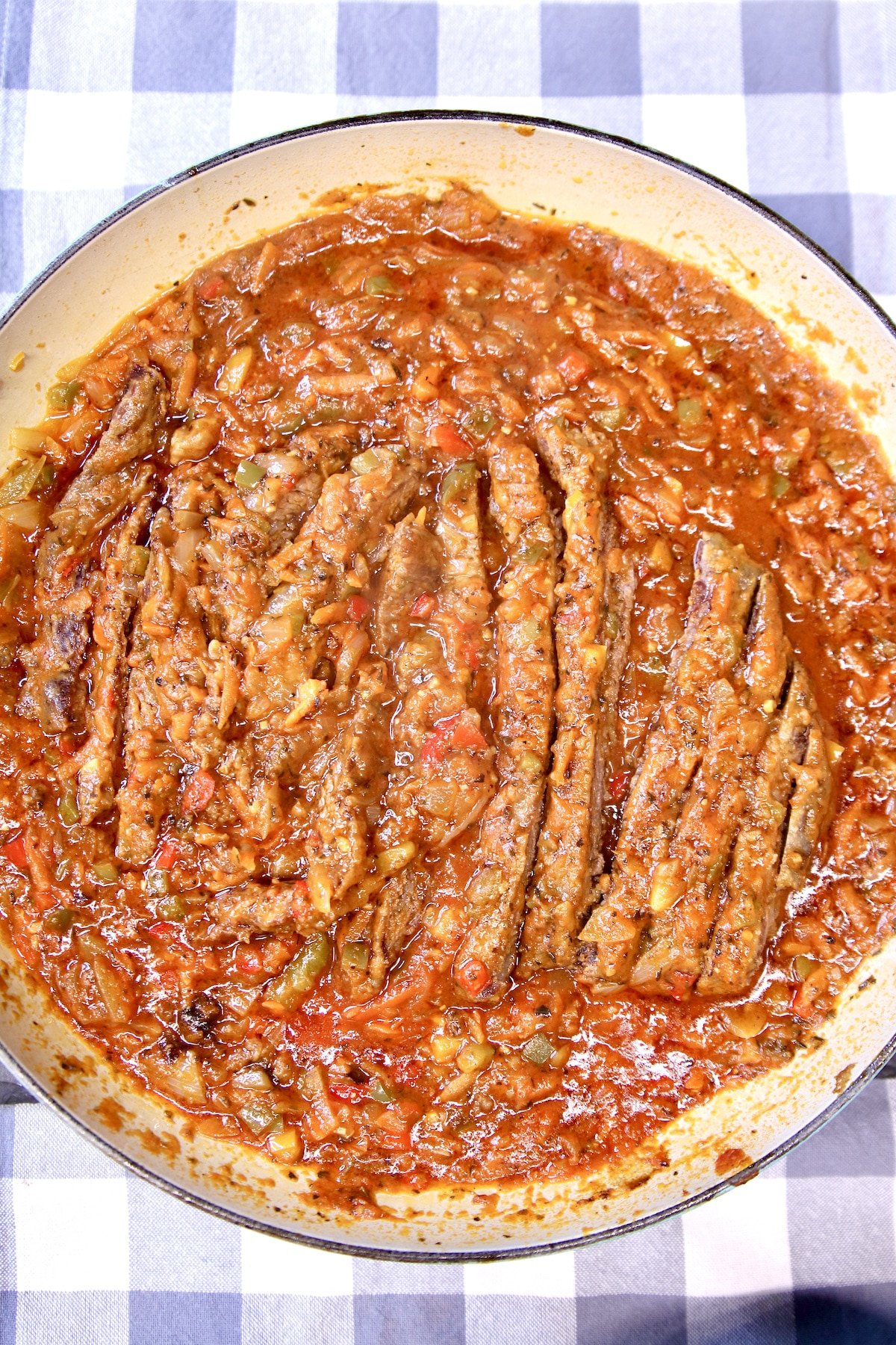 pan of Swiss Steak with tomato gravy.