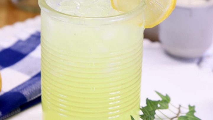 lemonade in a glass with a lemon wheel garnish.