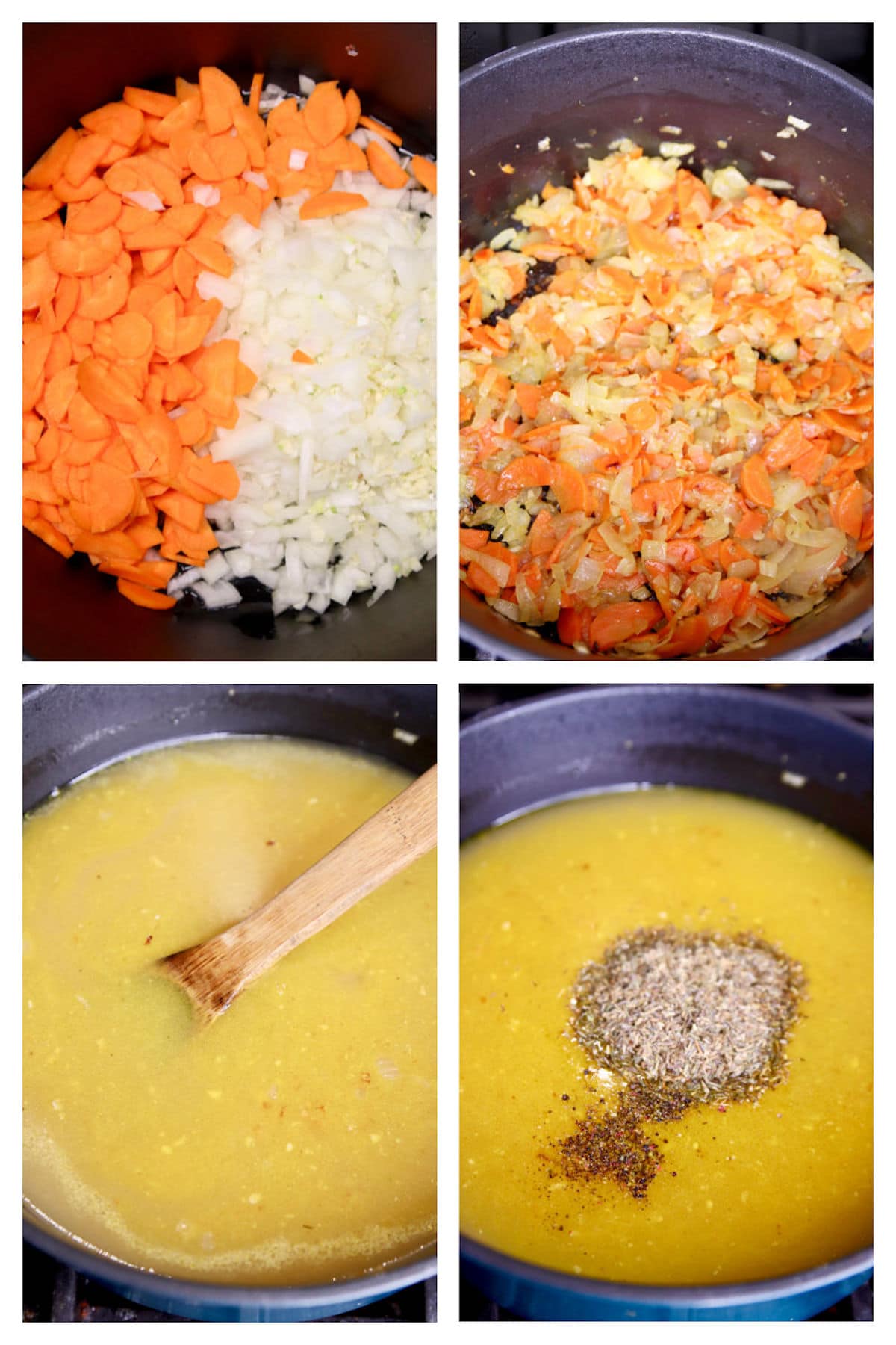 collage cooking carrots, onions, adding chicken broth and spices for soup.