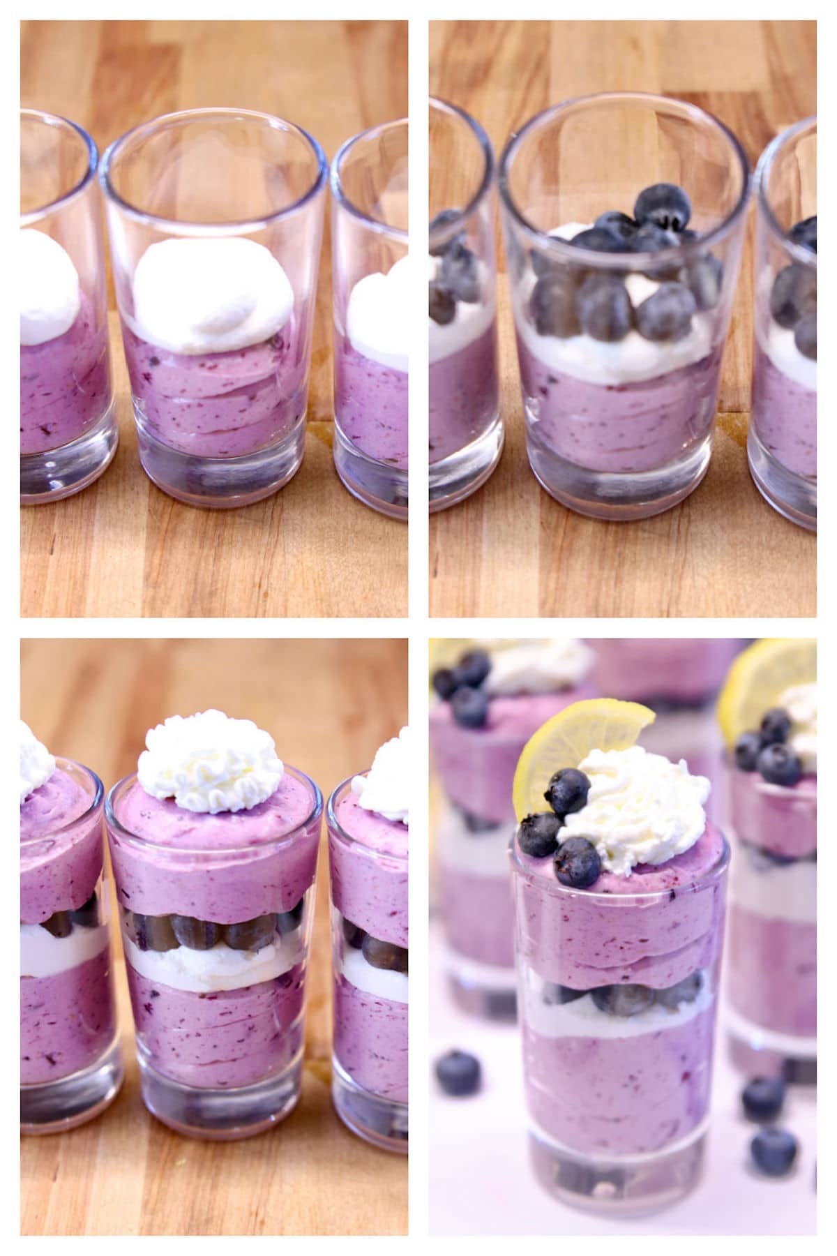 collage filling dessert glasses with blueberry cheesecake and whipped cream.