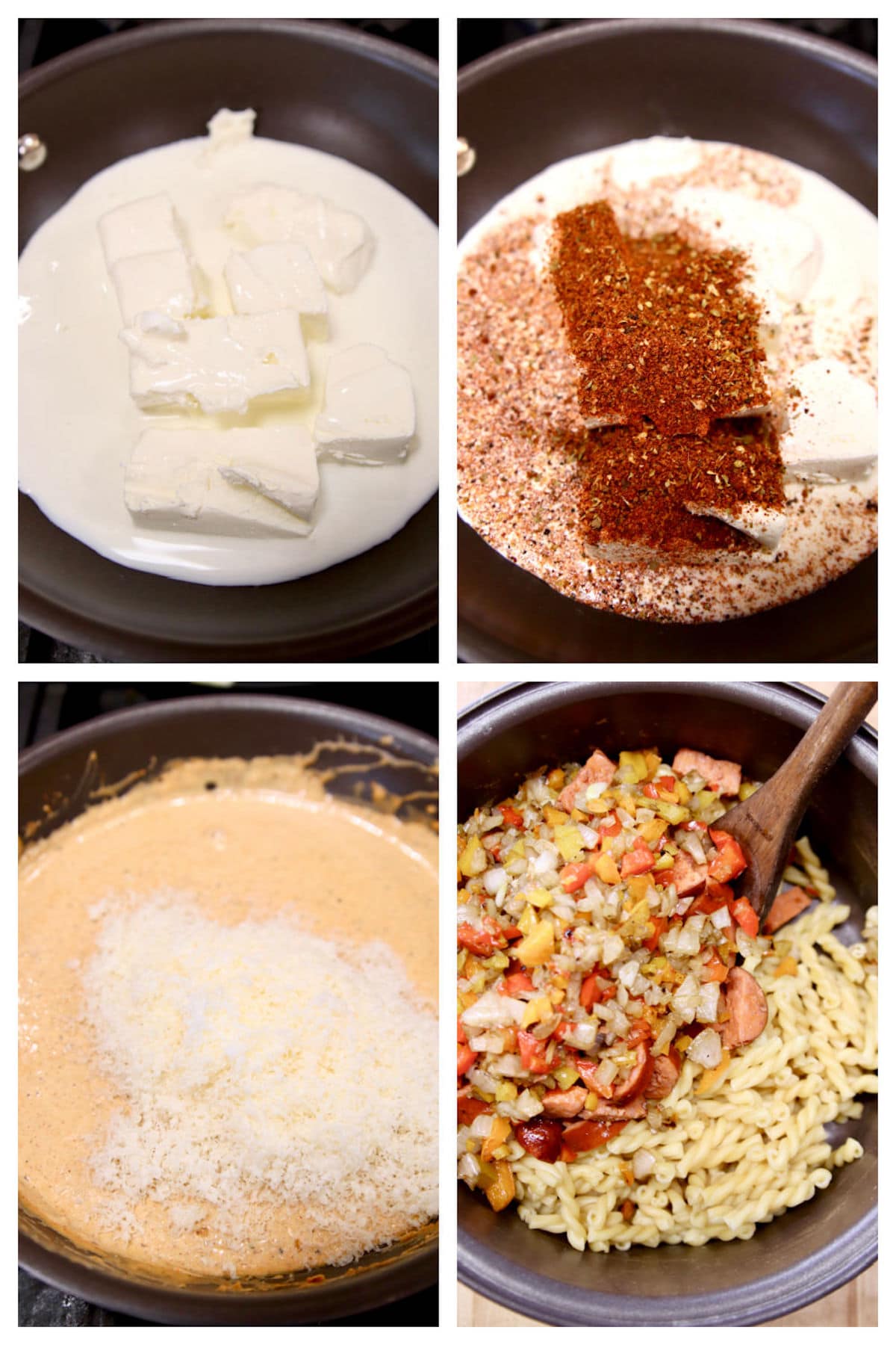 Collage making creamy Cajun pasta sauce, adding pasta, vegetables.