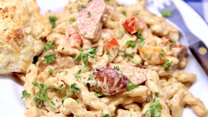 plate of pasta with creamy sauce and smoked sausage.