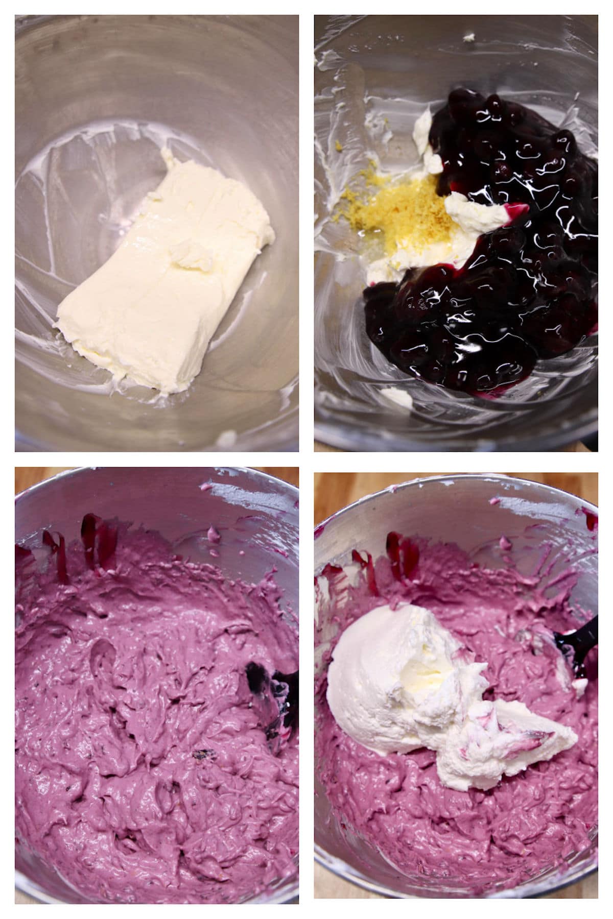 collage making no bake cheesecake with blueberry pie filling.