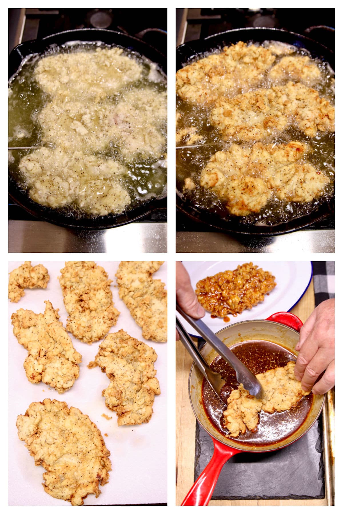 Collage frying chicken tenders, dipping into sauce.