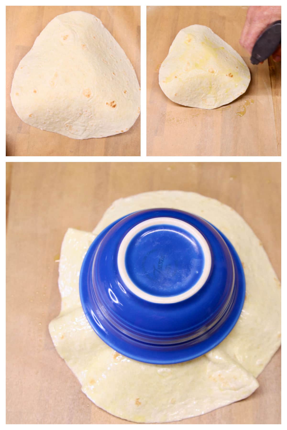 Collage making taco salad bowls with flour tortillas.