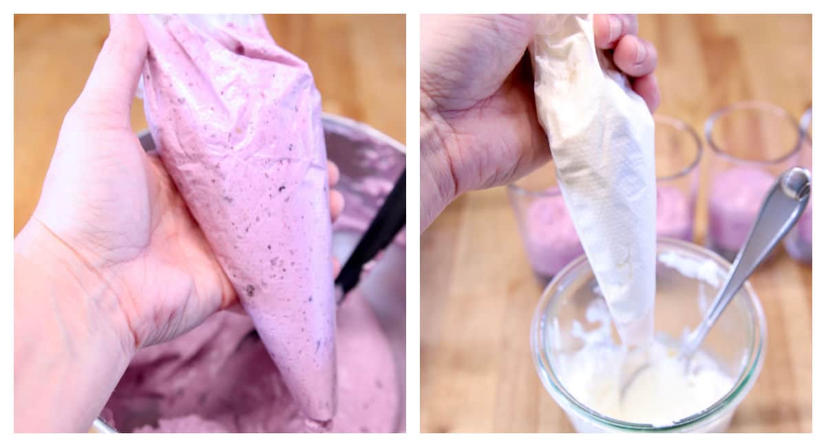 pastry bags with blueberry filling and whipped cream.