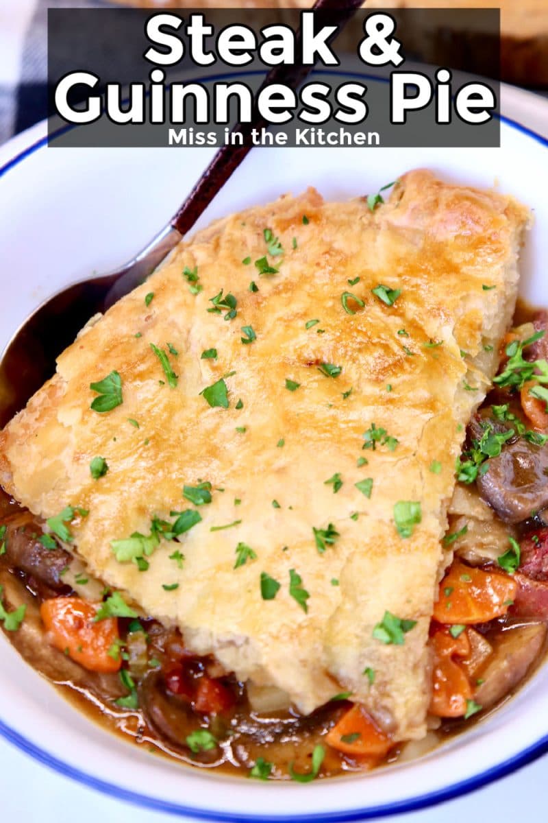 Steak and Guinness Pie with text overlay.