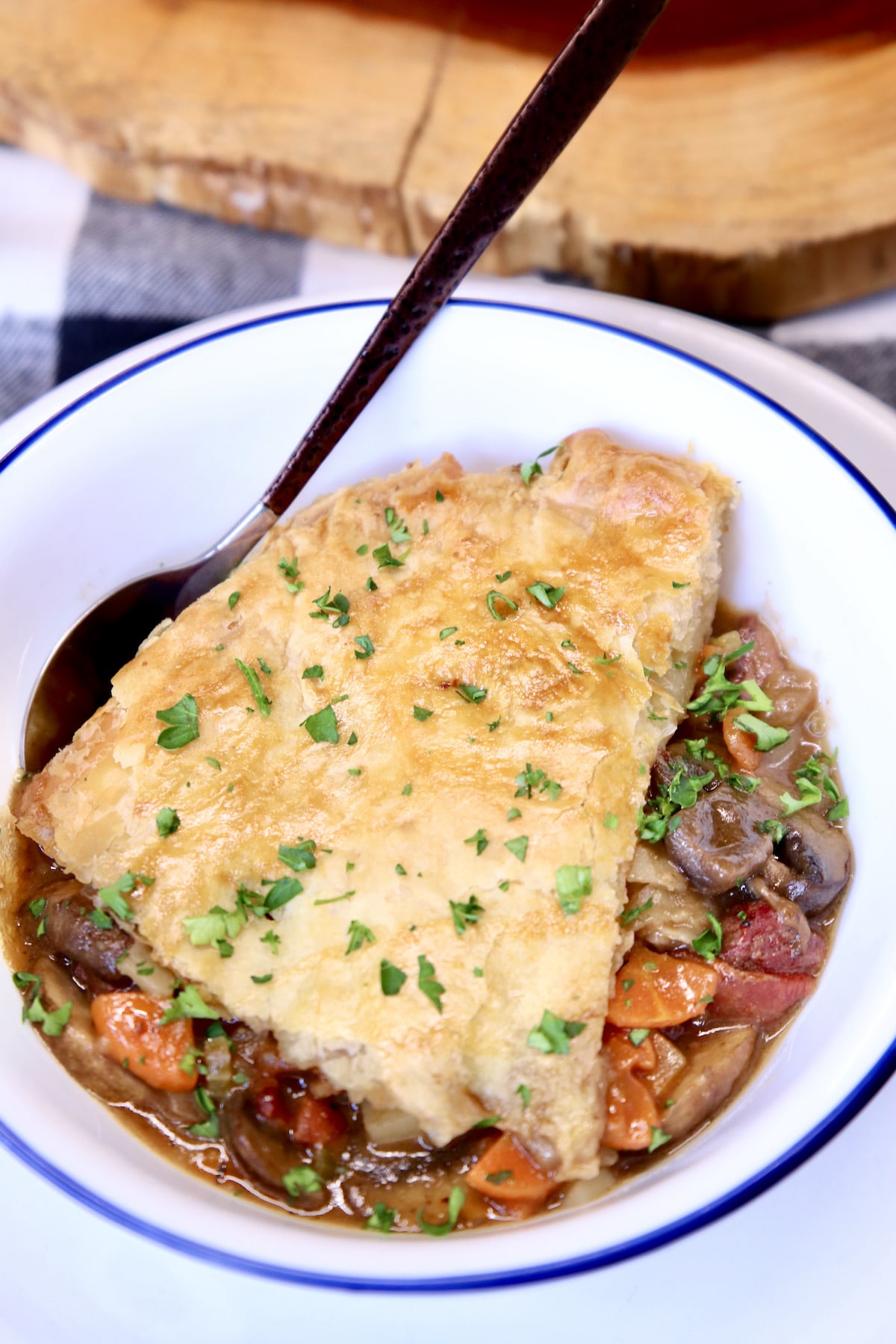 Steak and Guinness Pot Pie in a dish, puff pastry crust.