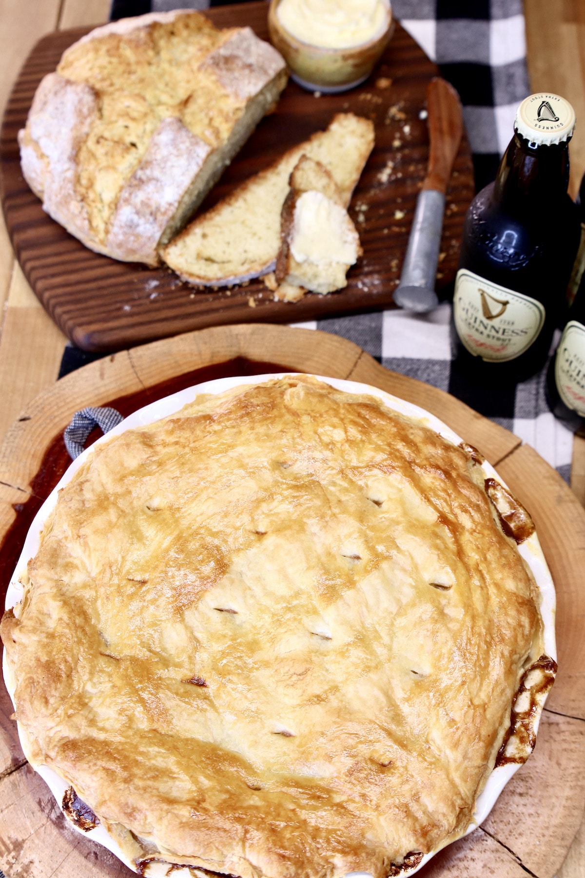 Overhead view of puff pastry crust pot pie.