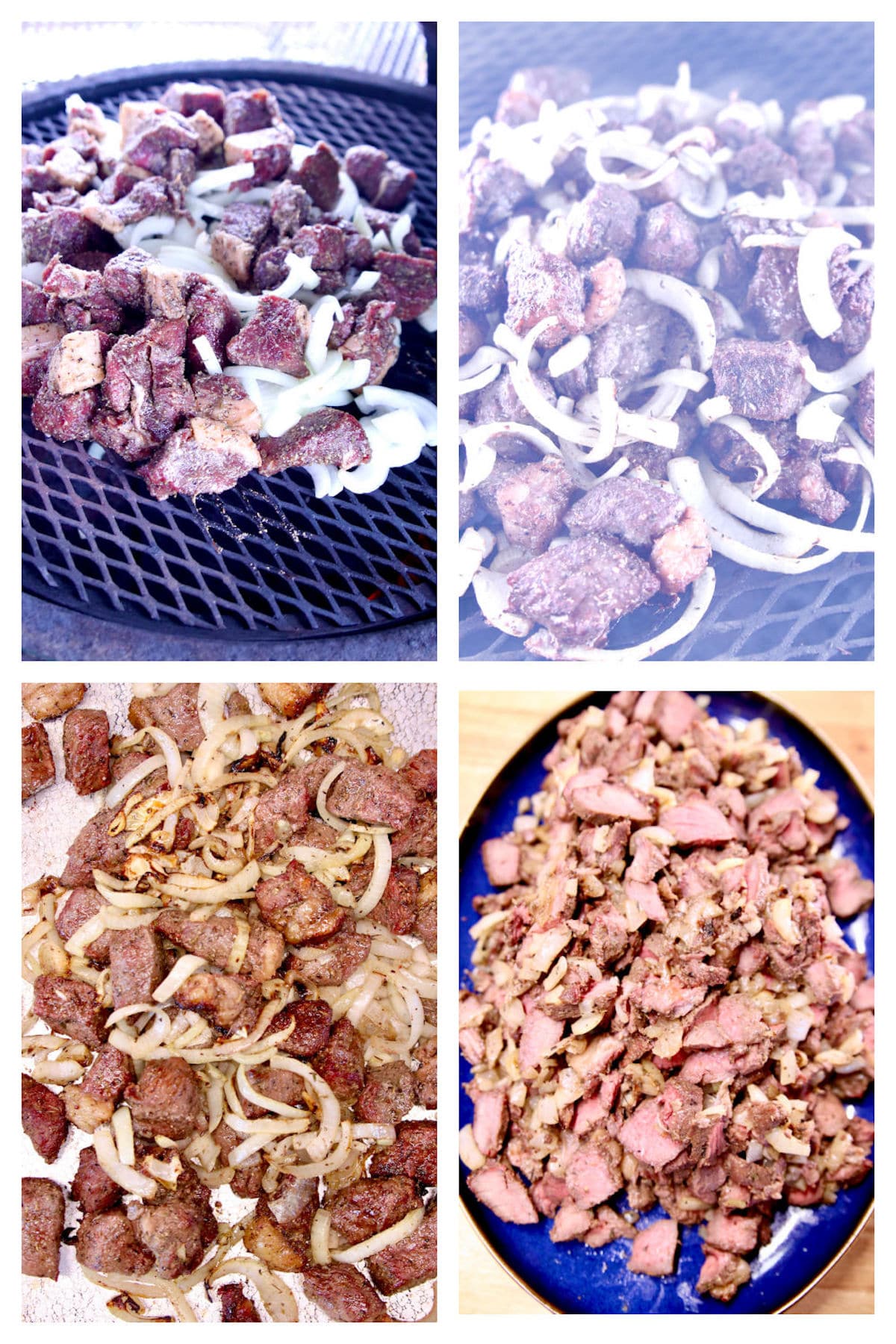 grilling steak chunks and onions collage.