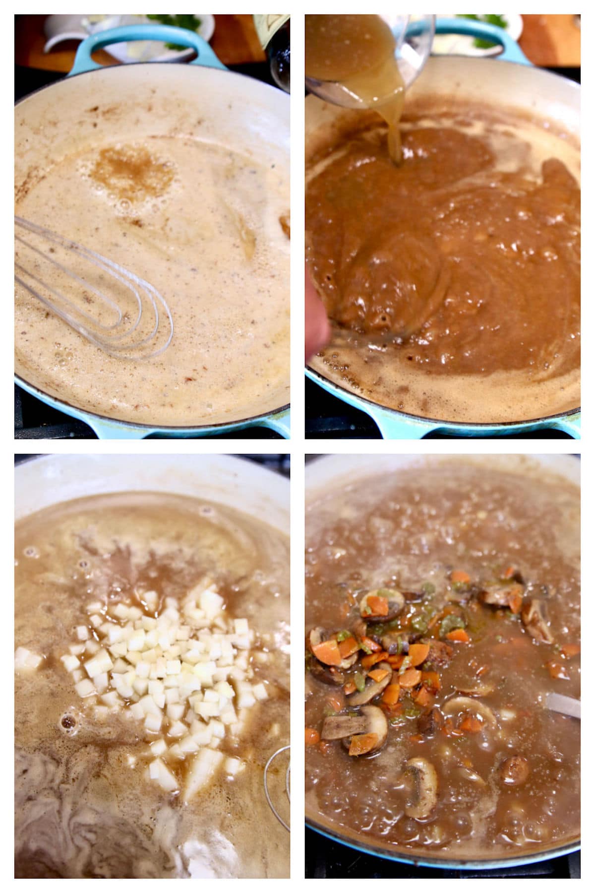 Collage making gravy for pot pie.
