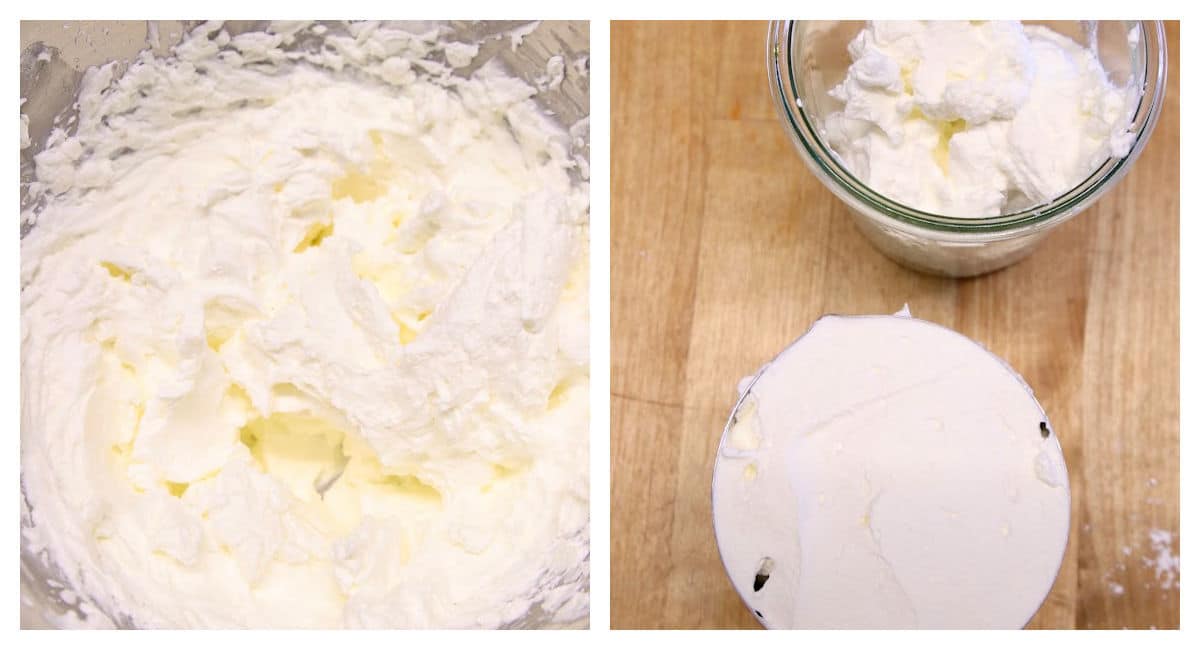 whipped cream in a bowl / divided into 2 bowls.