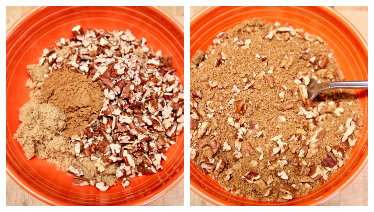 Collage- bowls with brown sugar, cinnamon and pecans for cake filling.