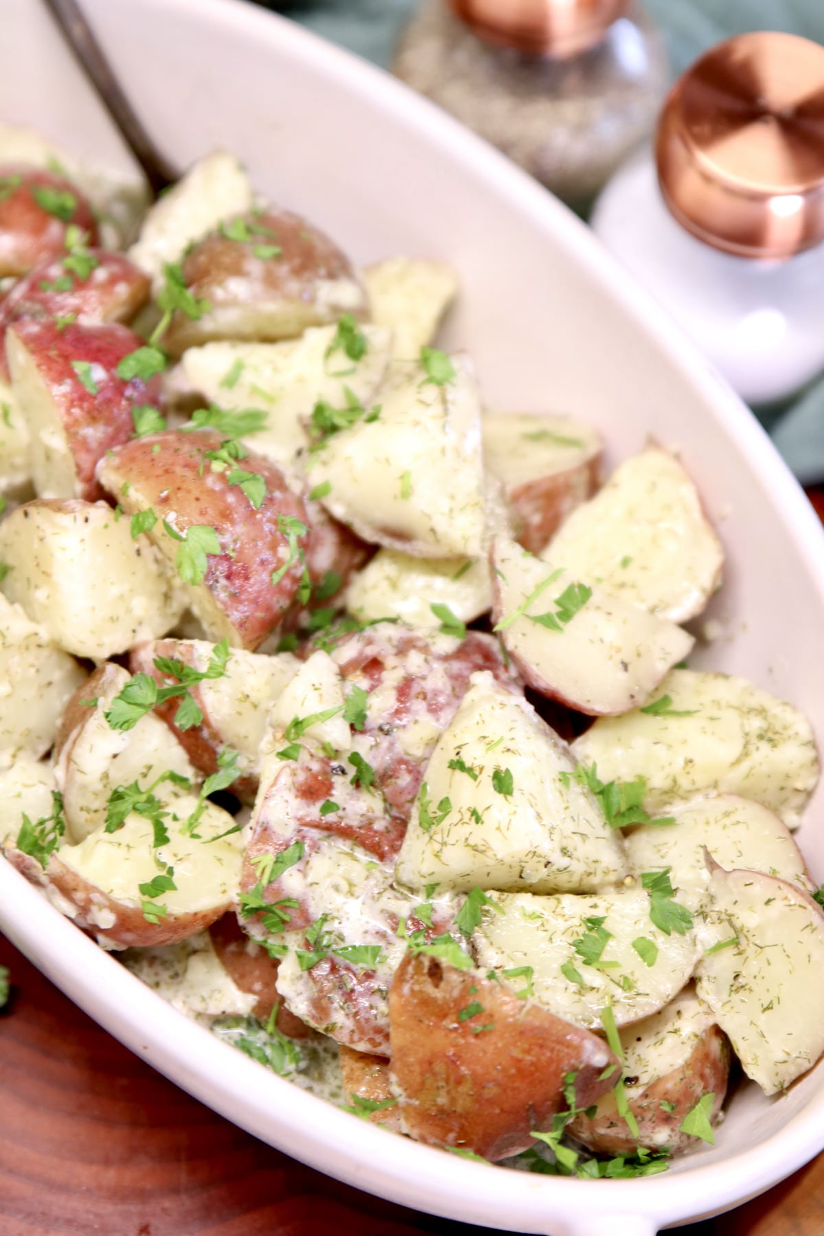 Garlic Dill Potatoes in a serving dish.