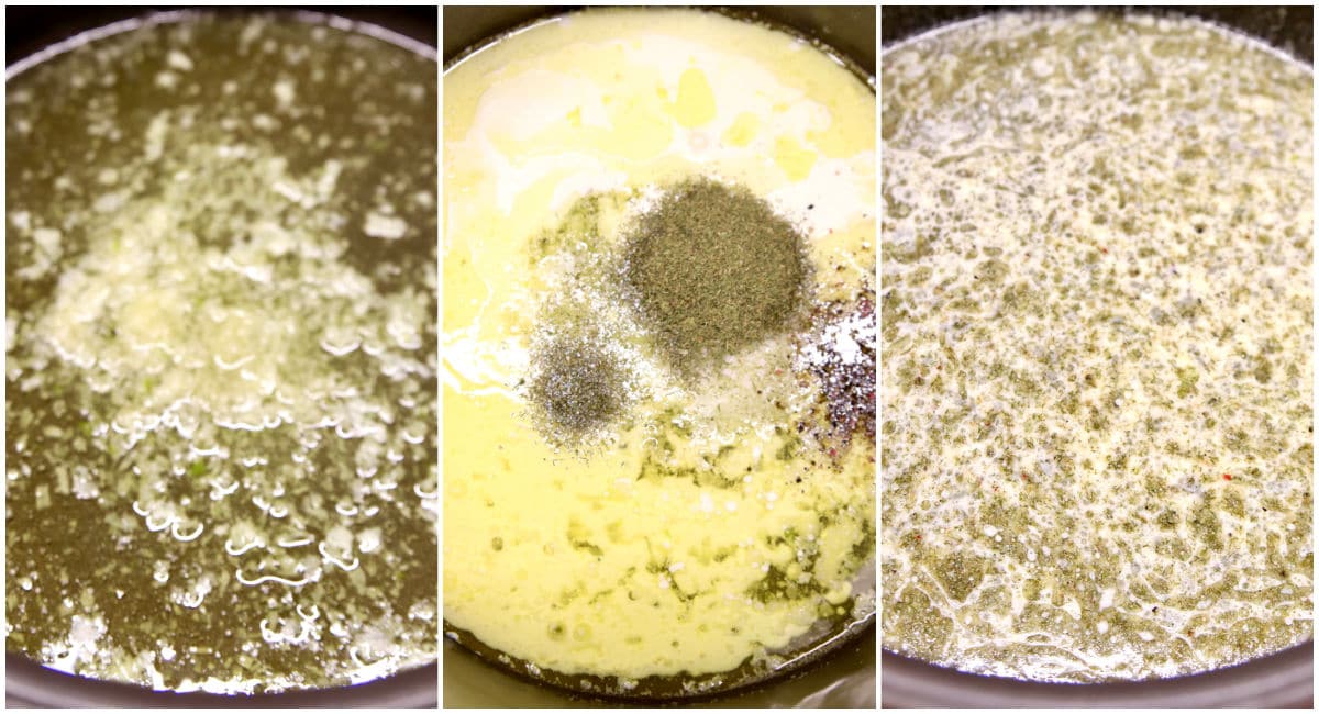 Making garlic dill sauce for potatoes.