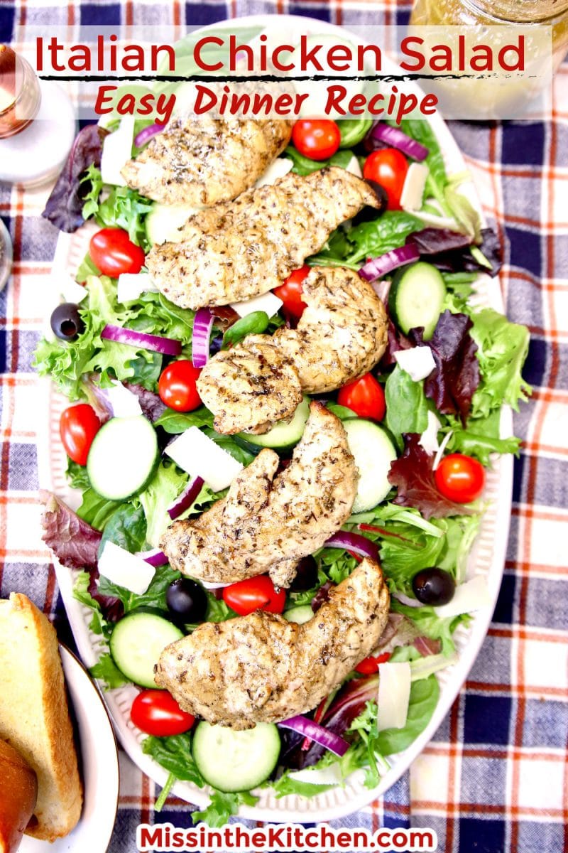 Platter of grilled chicken salad - text overlay.