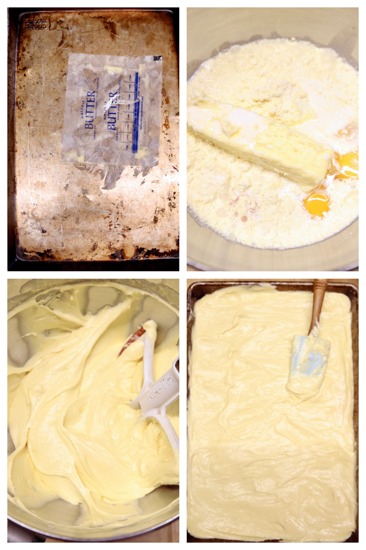 Collage making yellow cake batter.