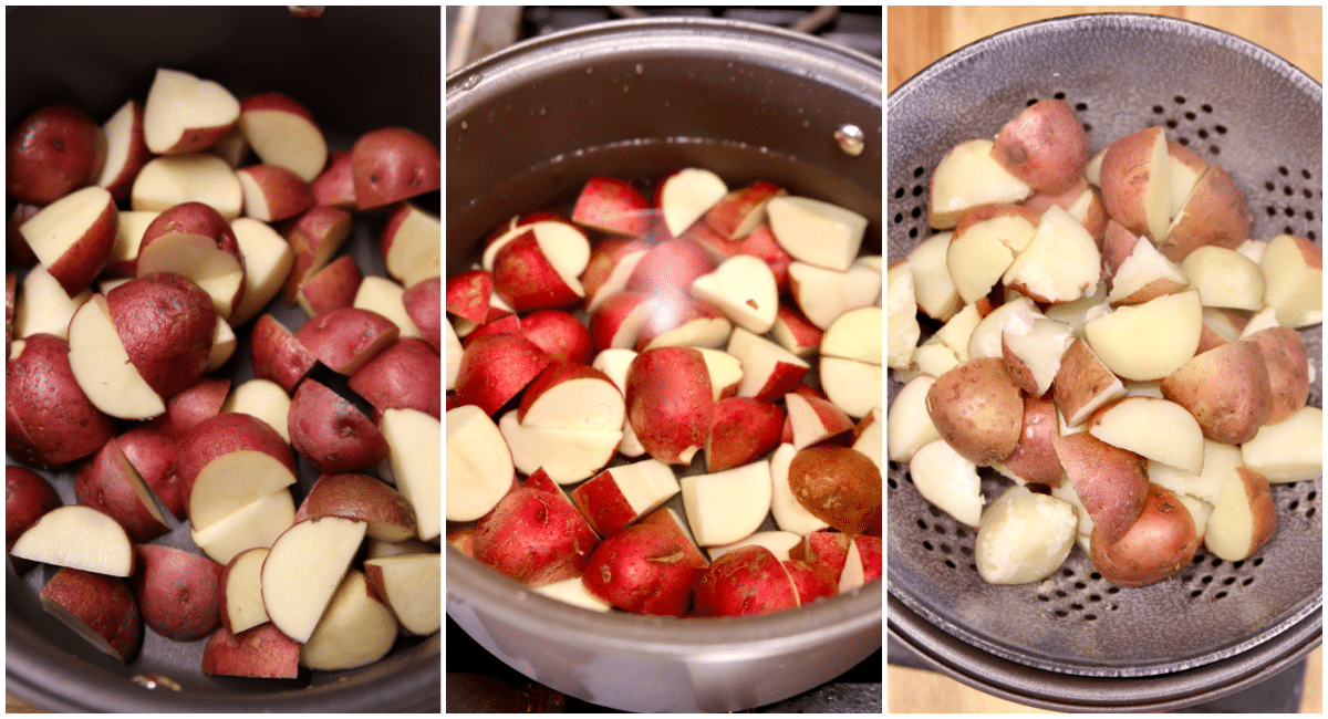New red potatoes collage: cut up, boiling, draining.
