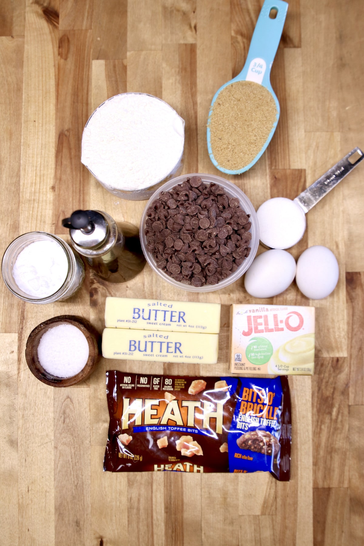 Ingredients for chocolate chip toffee cookies.
