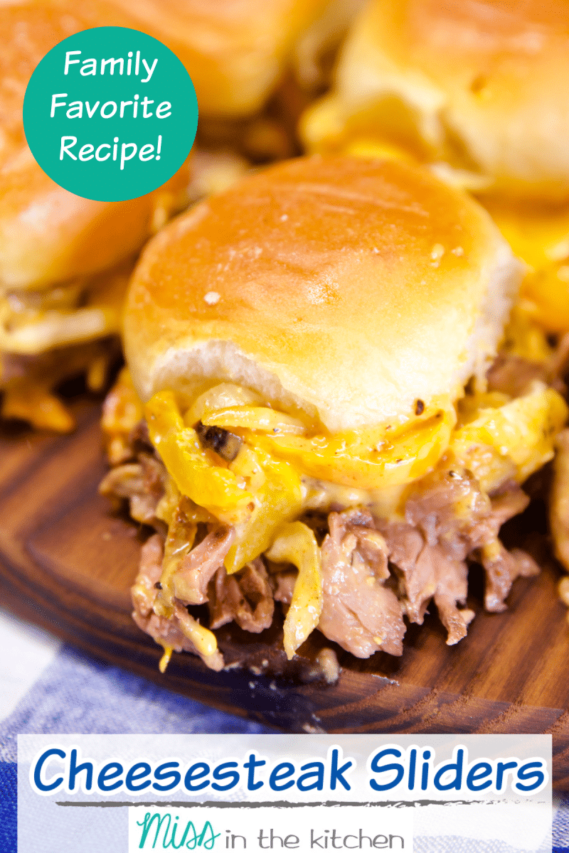 Cheesesteak Sliders -close up with text overlay.