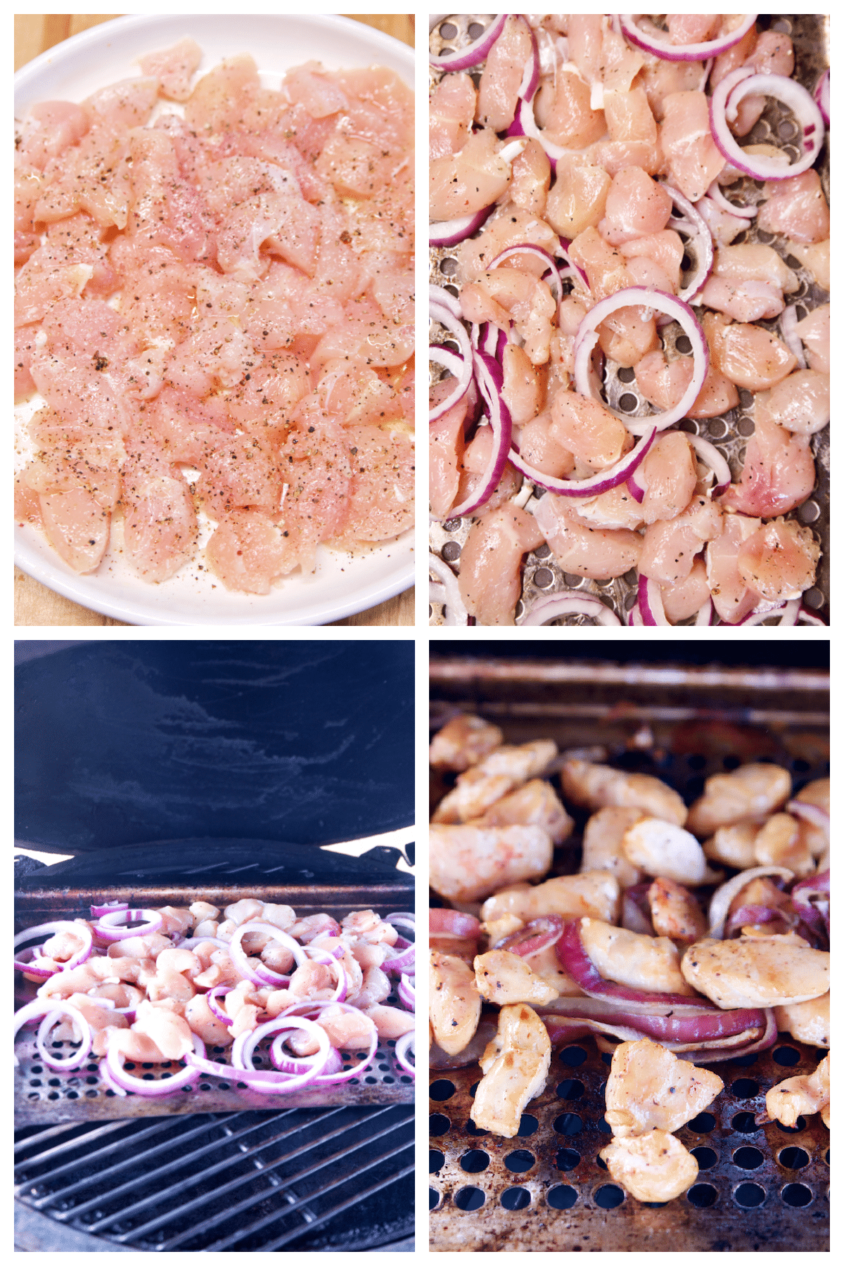 Collage chicken pieces, seasoned, mixed with red onion, grilling.