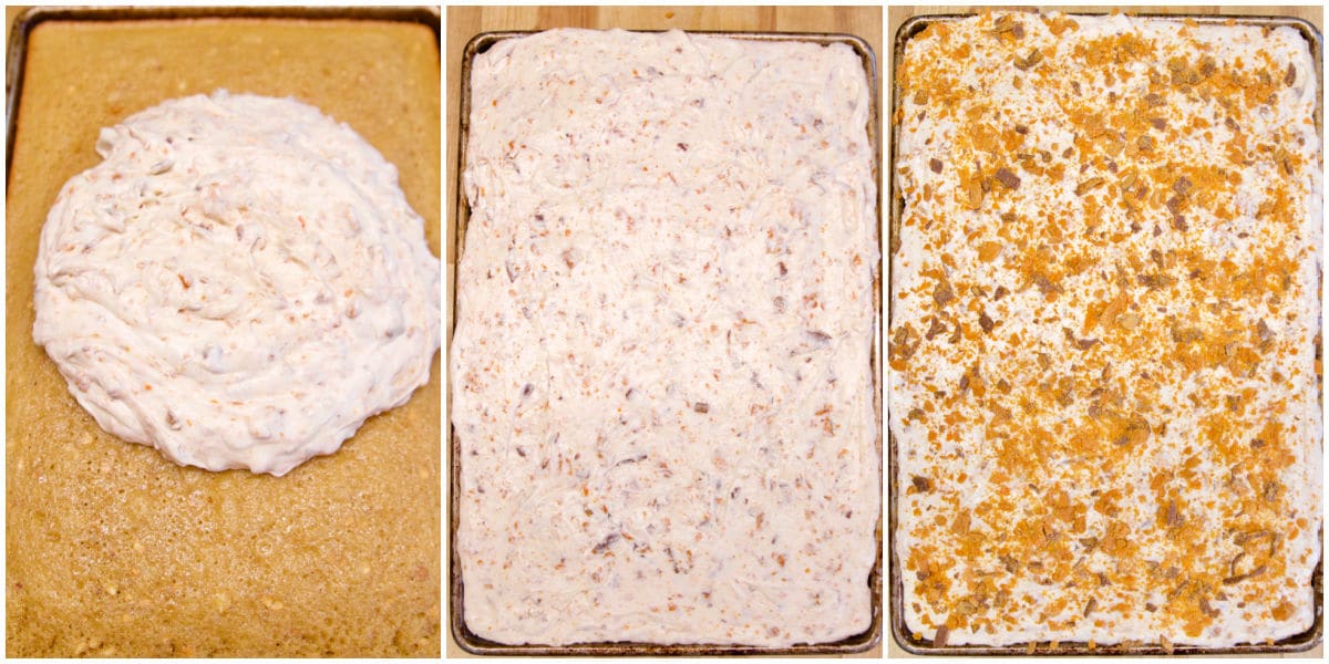 Frosting peanut butter sheet cake with Butterfinger frosting.