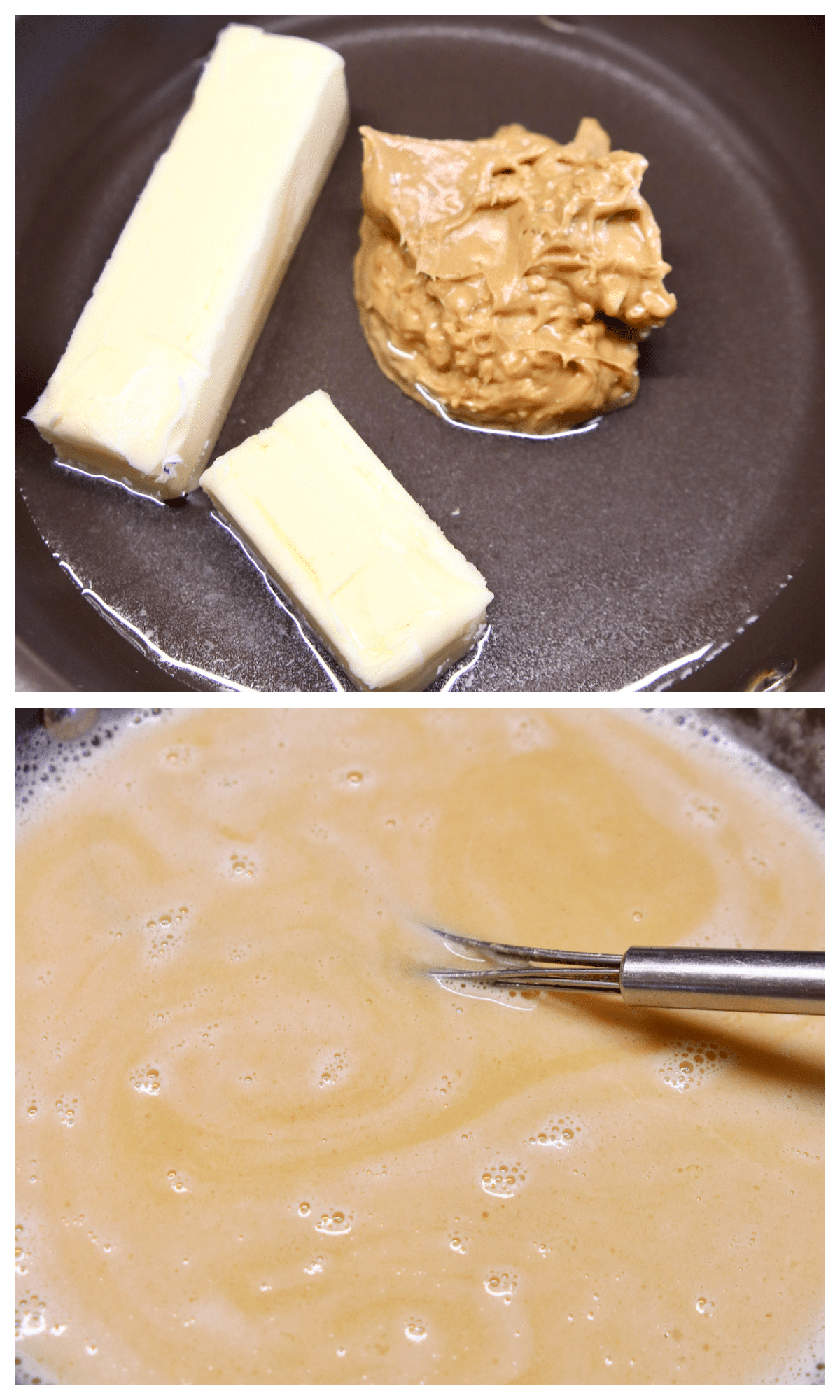 Collage of melting peanut butter, butter and water in a saucepan.