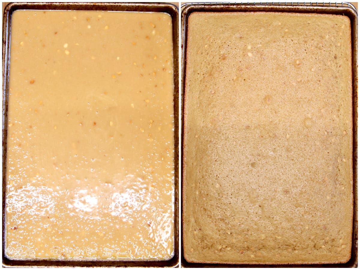 Peanut Butter sheet cake collage: unbaked/baked.