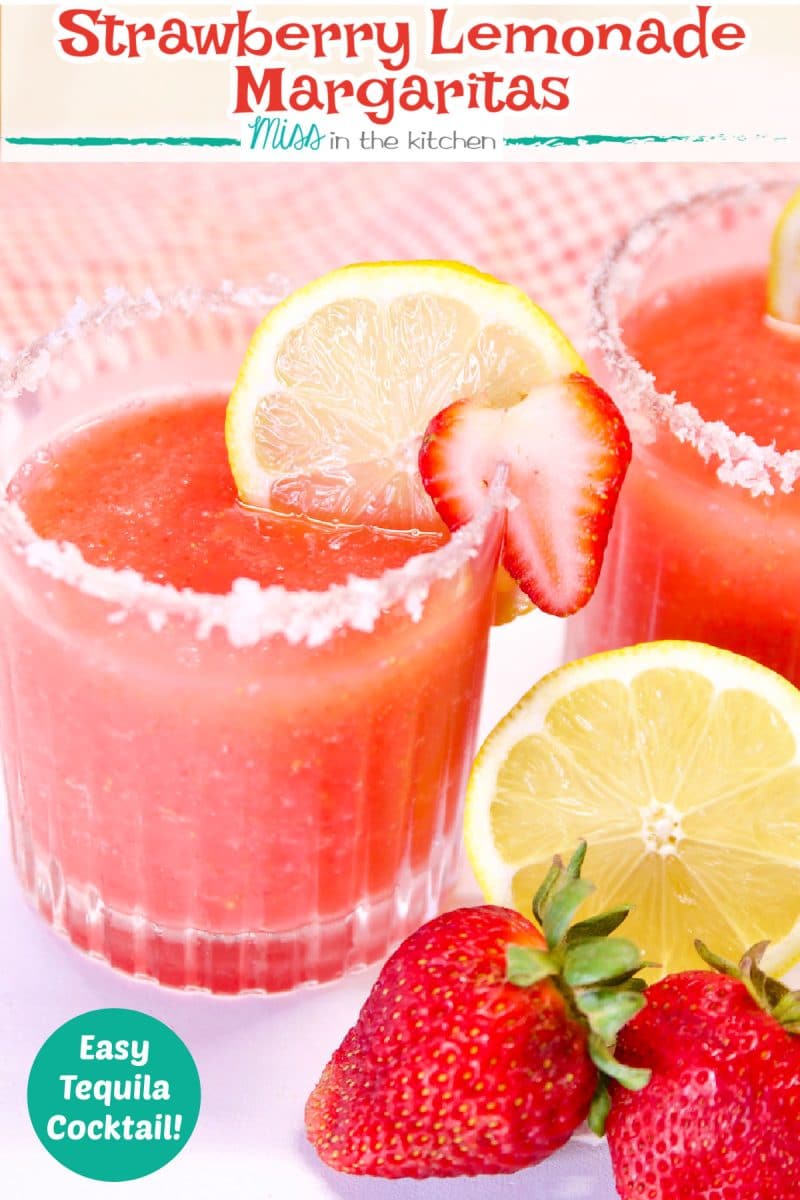 Strawberry Lemonade Margaritas in 2 glasses, lemons, strawberries. Text overlay.