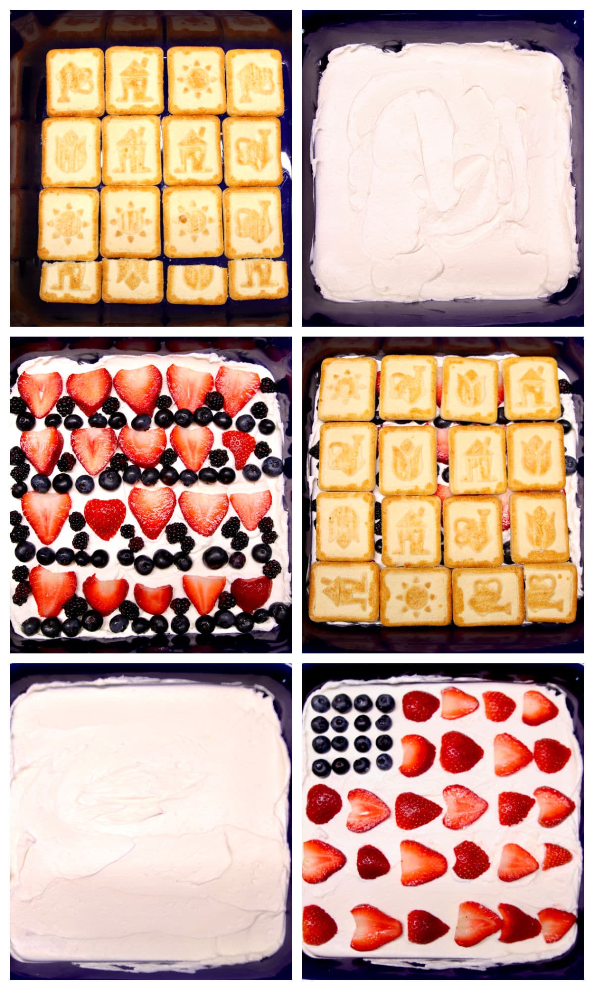 Collage making layered icebox cake with berries.