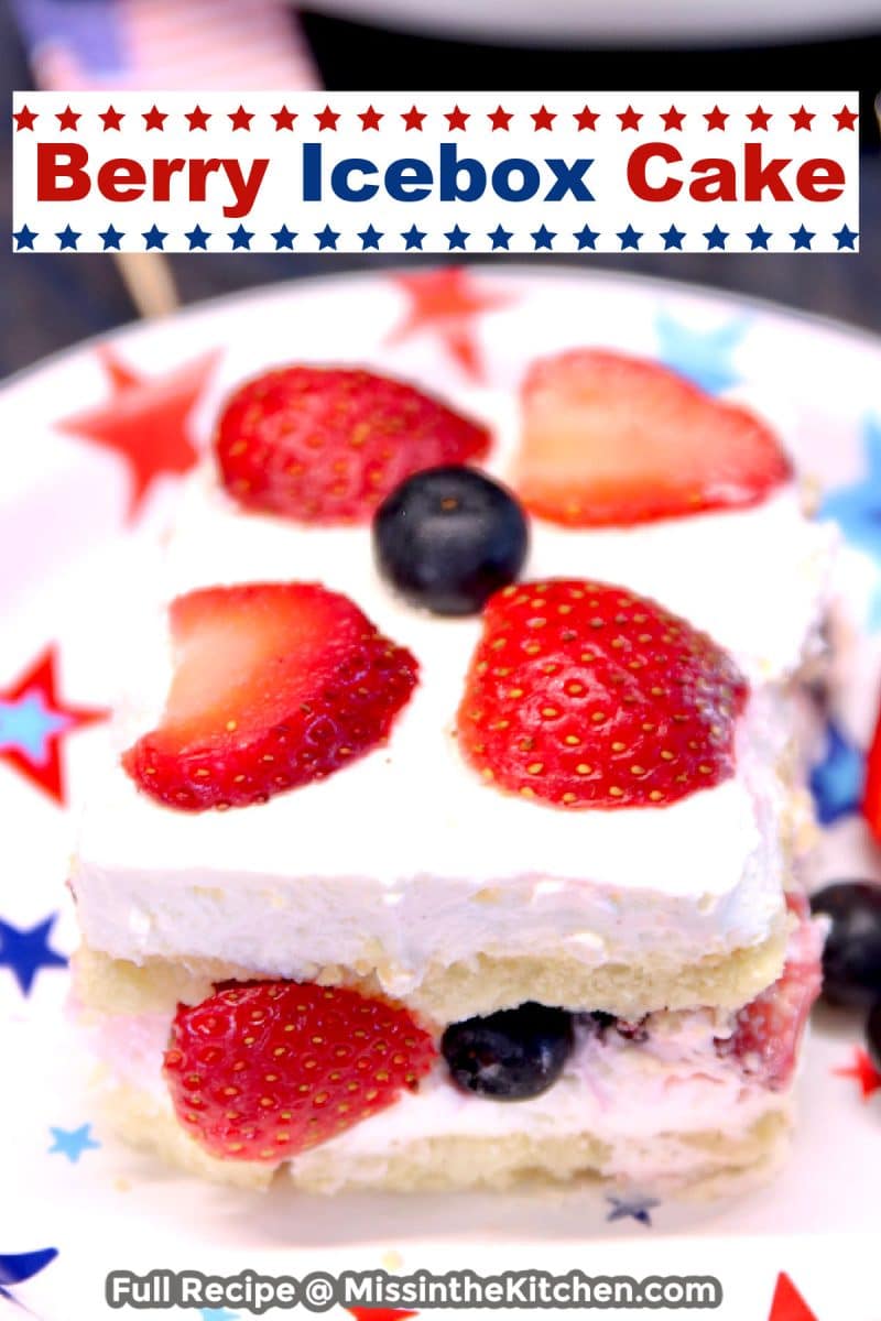 Closeup of slice of berry icebox cake. Text overlay.