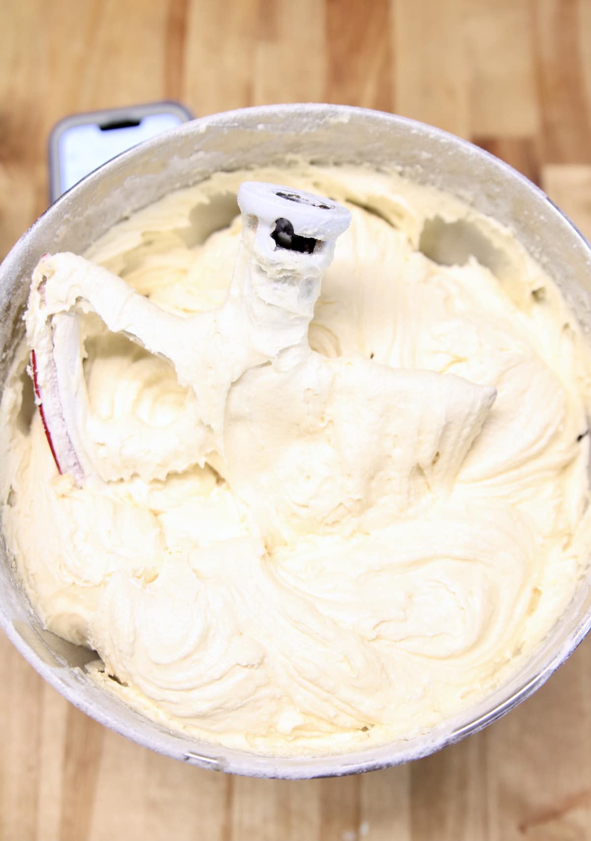 Pound cake batter in a bowl with the beater.