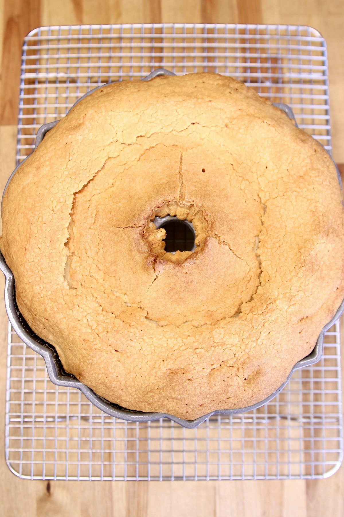 Baked pound cake in a bundt pan.