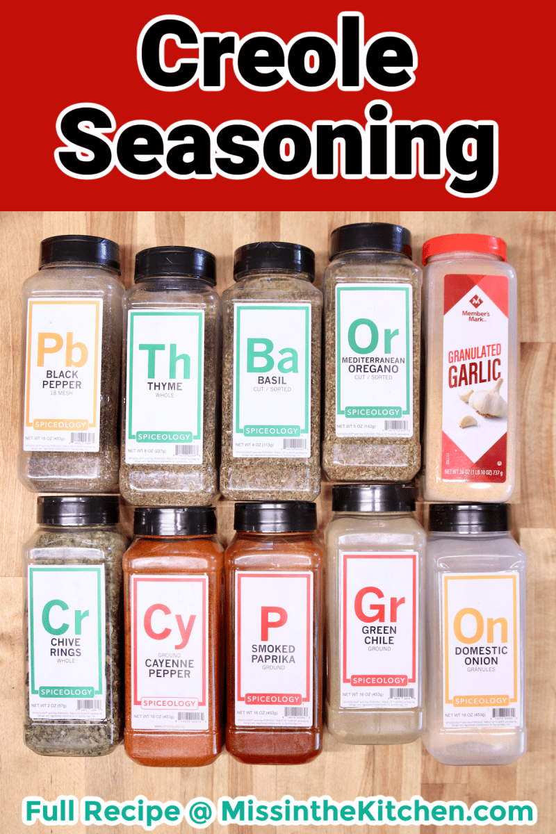 Spice jars for Creole seasoning - text overlay.