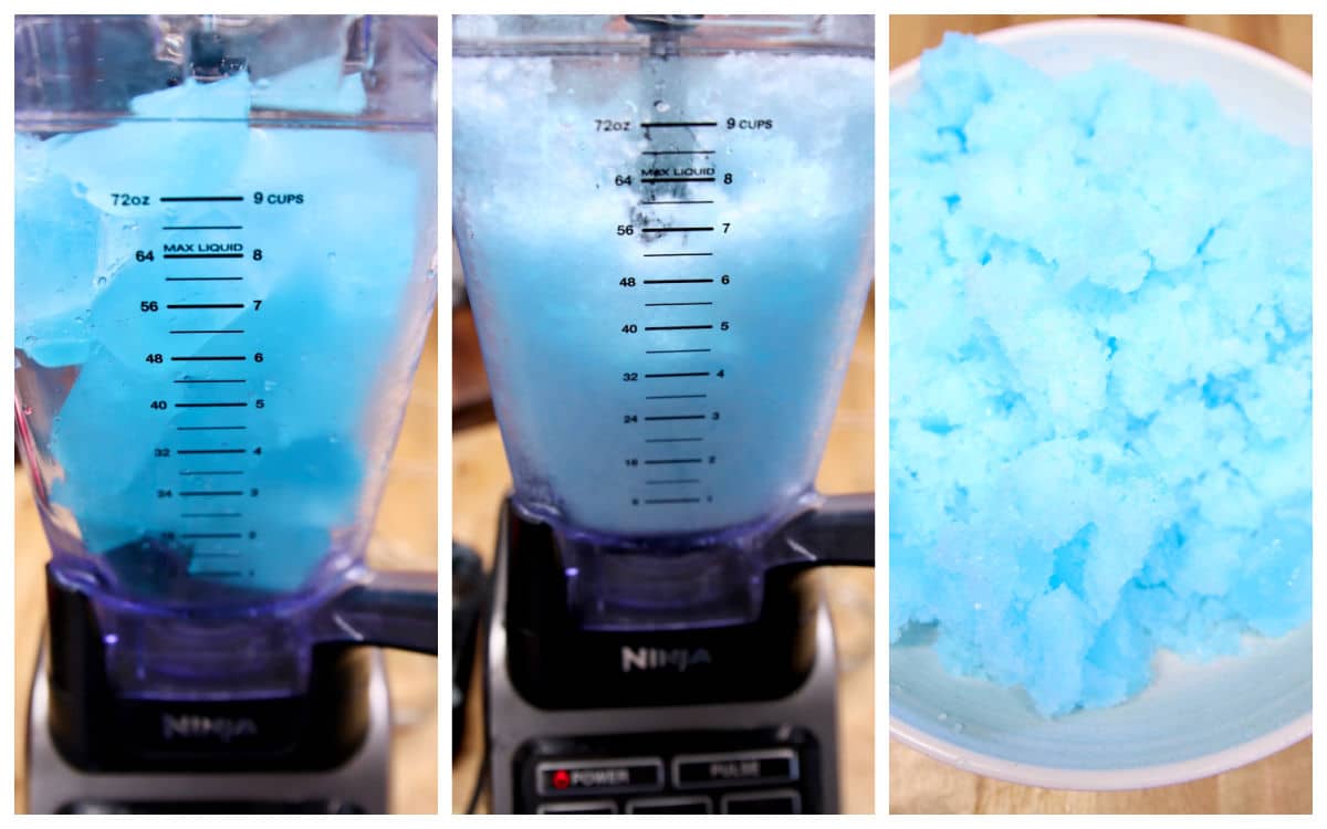 Making blue slush in a blender.