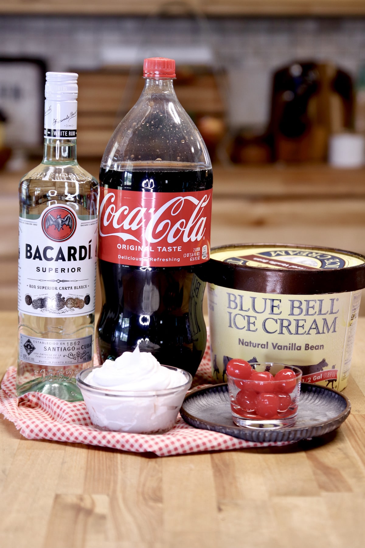 Ingredients for rum and Coke ice cream float. 