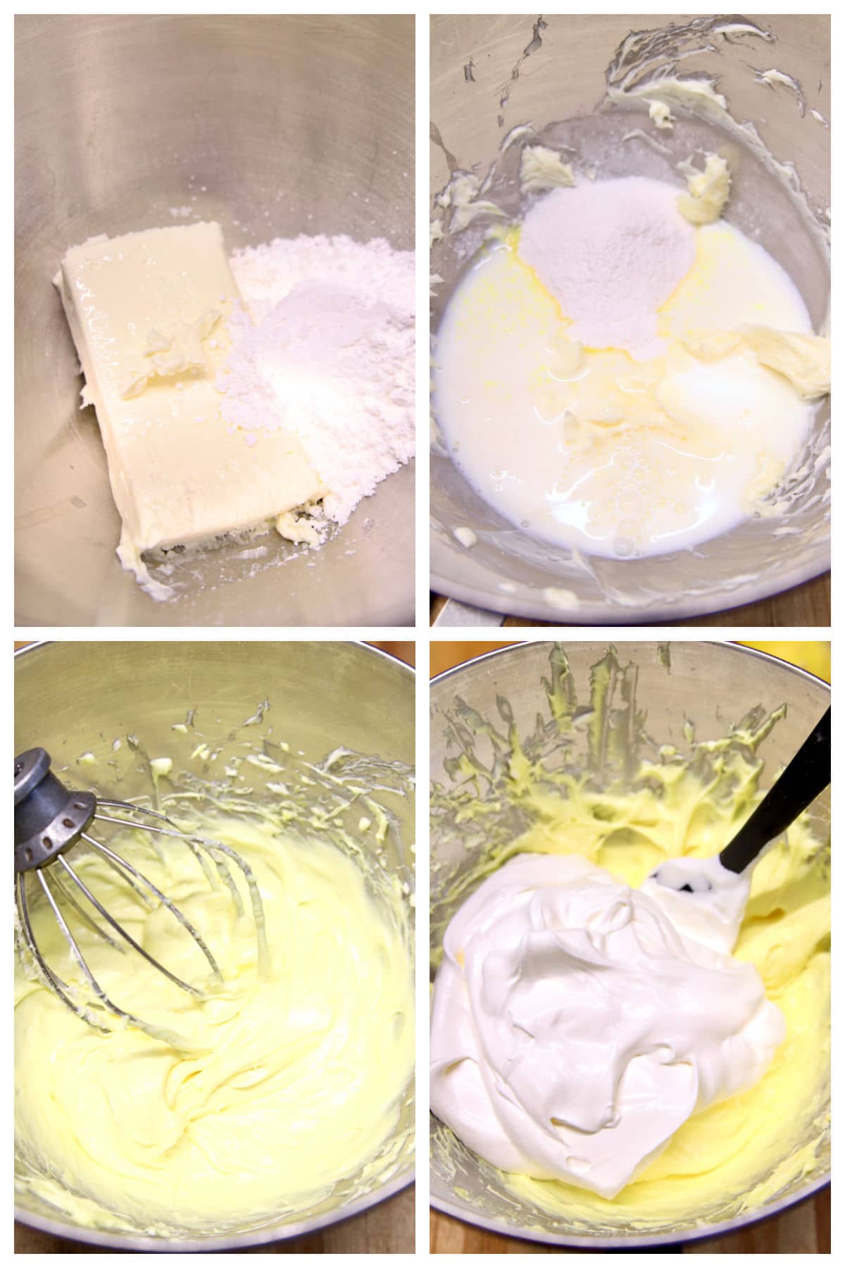 Collage mixing no bake cream cheese lemon pie.